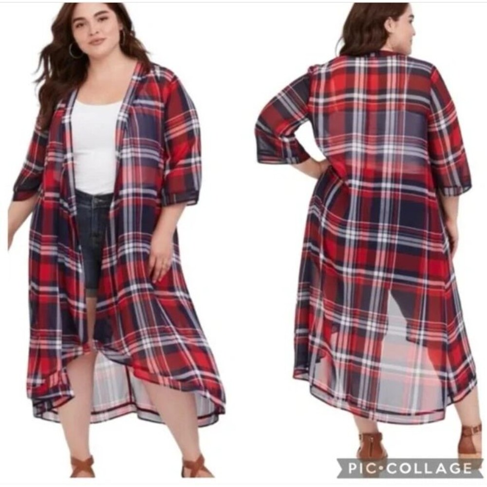 Torrid Kimono Duster Chiffon Maxi High Low Plus Size 5/6 Plaid Sheer Red